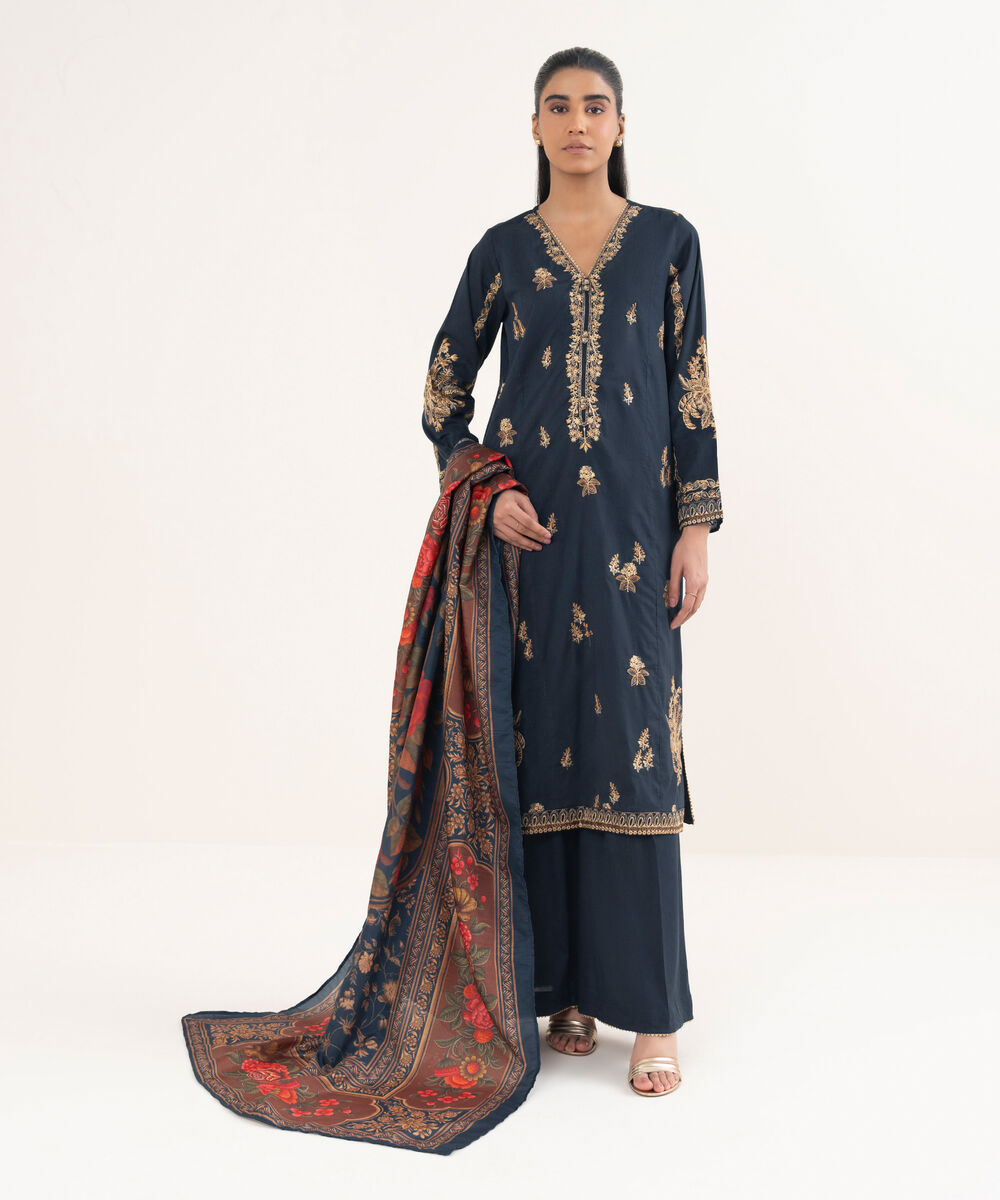 Women's RTW Cotton Viscose Embroidered Blue A-Line Shirt