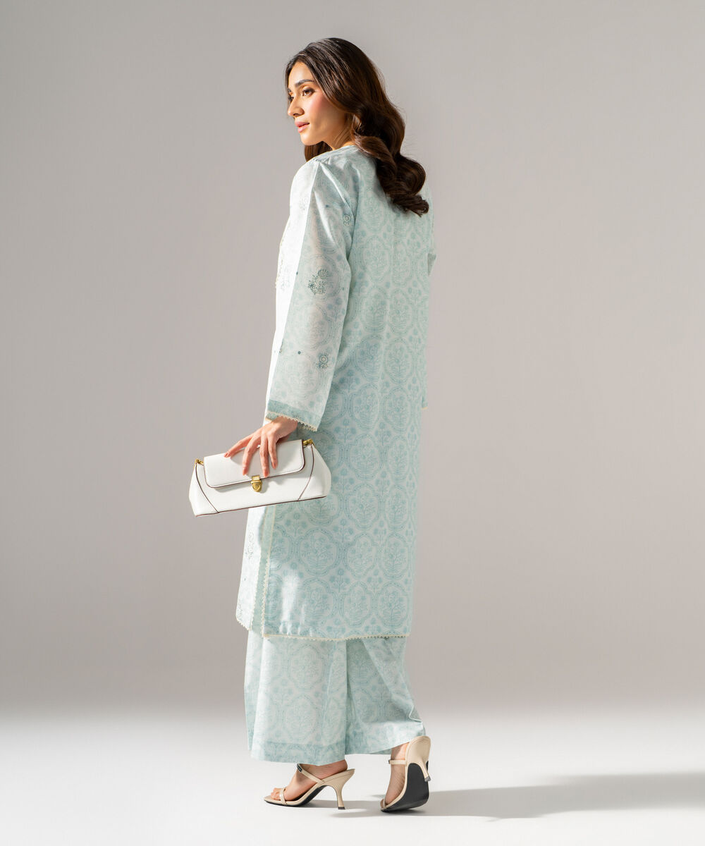 Women's RTW Fancy Cotton Printed Embroidered Ice Blue 2 Piece Suit