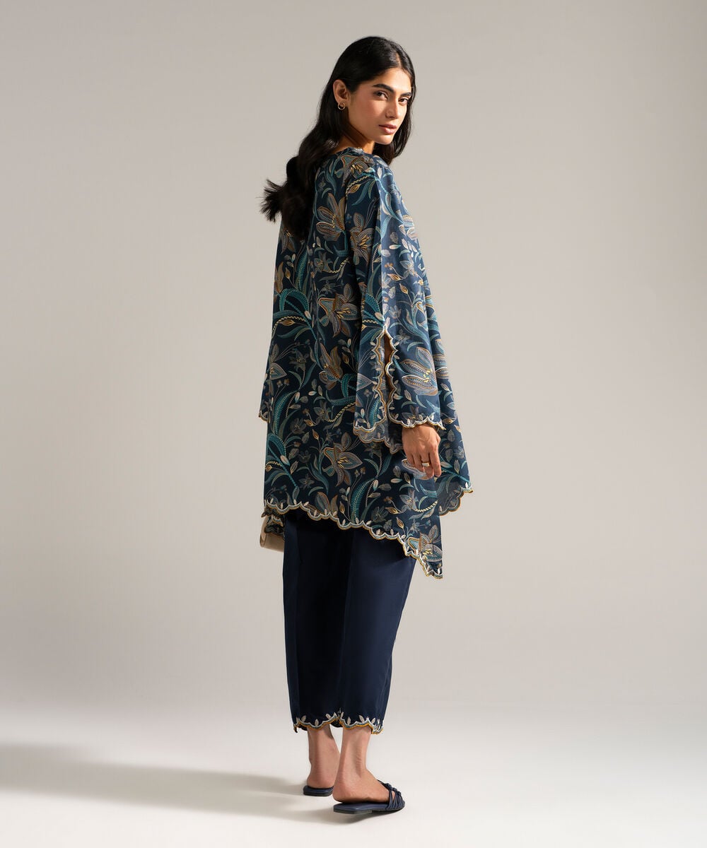Women's RTW Slub Lawn Embroidered Blue 2 Piece Suit