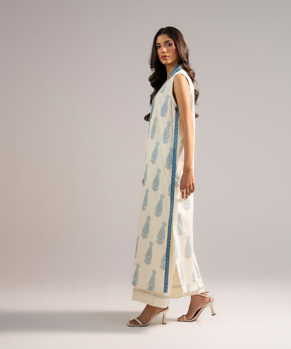 Women's RTW Cotton Viscose Embroidered Off White A-Line Shirt