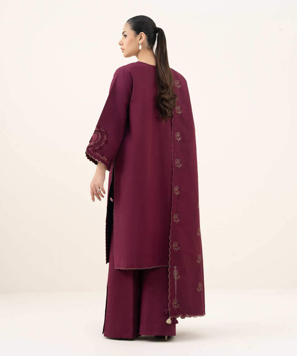 Women's Unstitched Embroidered Cotton Plum 3 Piece Suit