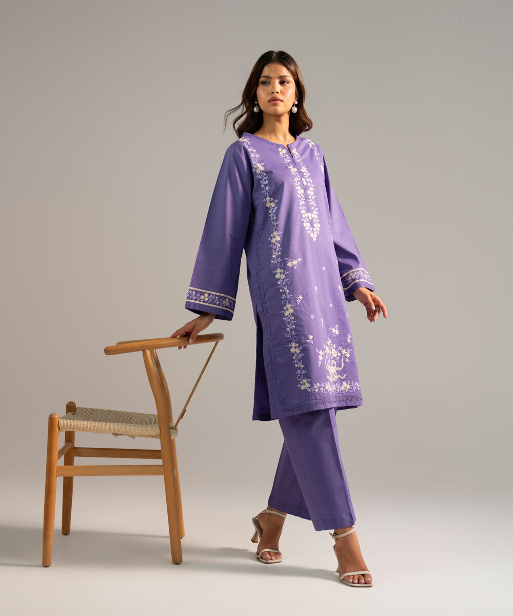 Women's RTW Crosshatch Embroidered Purple Straight Shirt