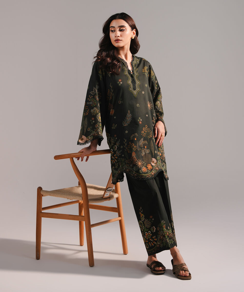 Women's RTW Lawn Printed Dark Green 2 Piece Suit
