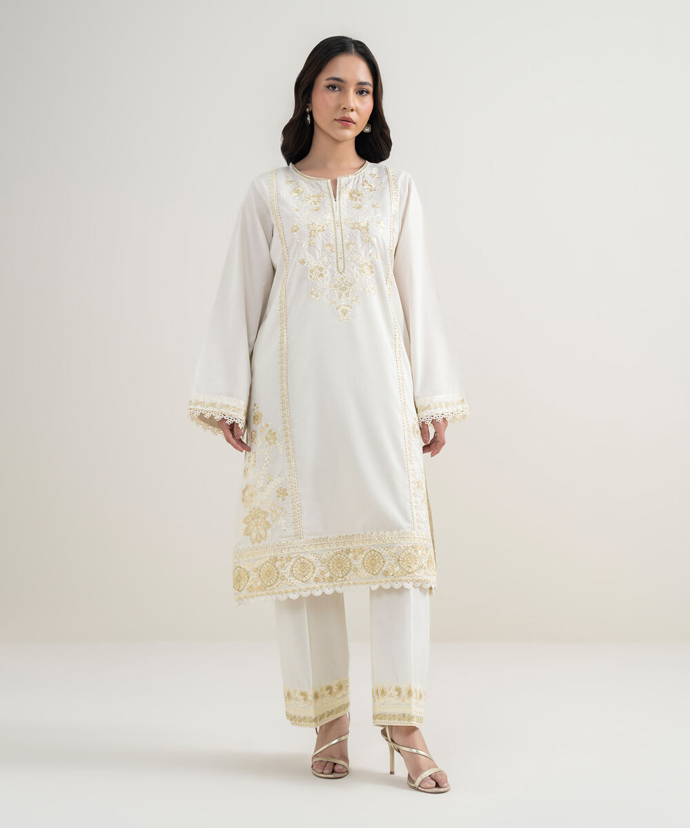 Women's RTW Zari Lawn Embroidered Off White 2 Piece Suit