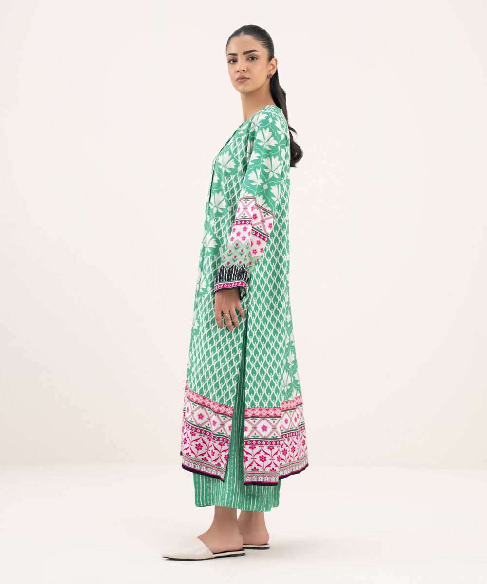 Women's RTW Viscose Linen Printed Straight Green Shirt