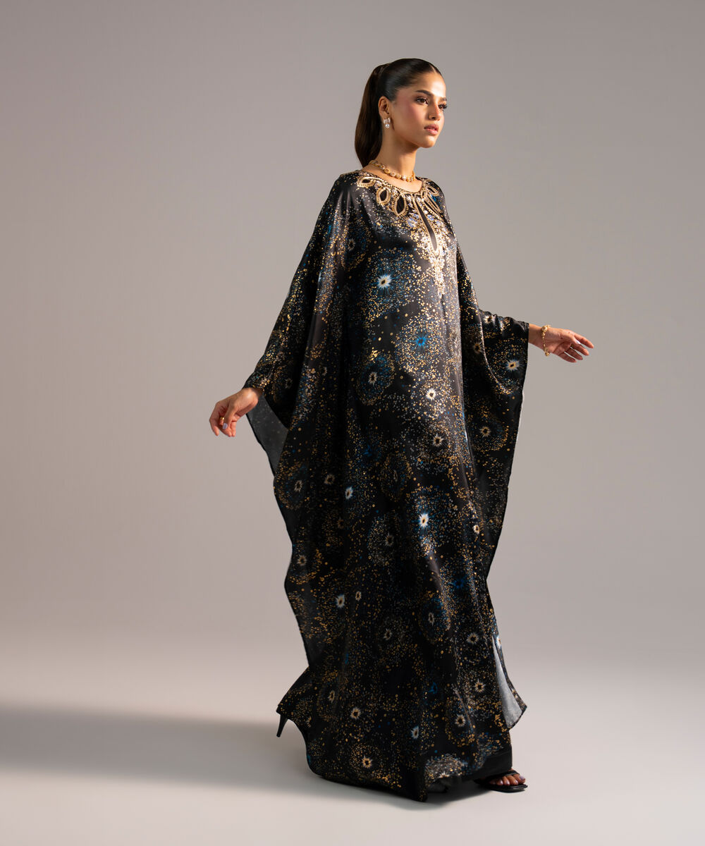 Women's RTW Blended Satin Printed Black 2 Piece Suit