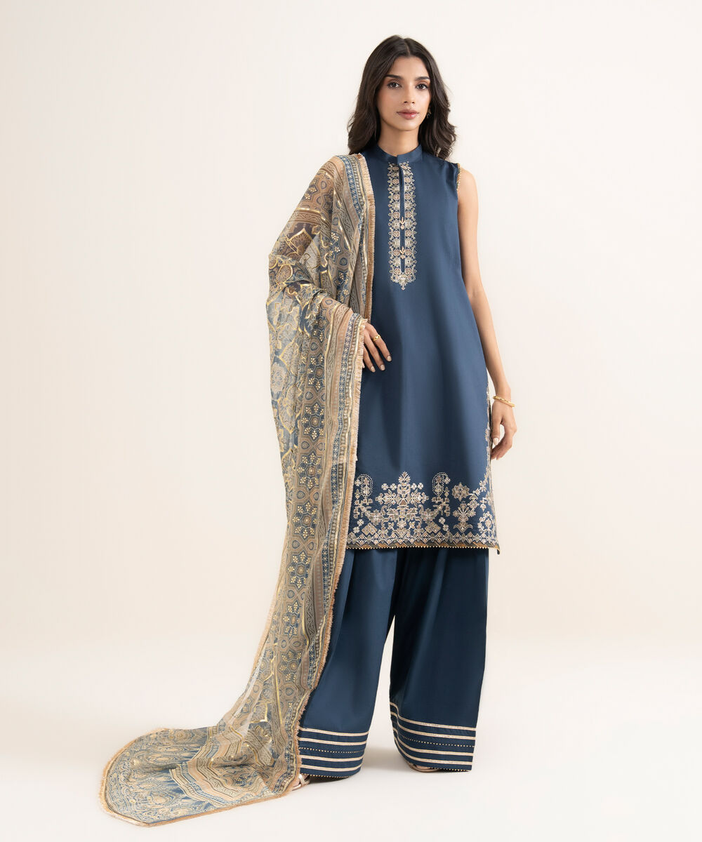 Women's Unstitched Textured Lawn Embroidered Blue 3 Piece Suit