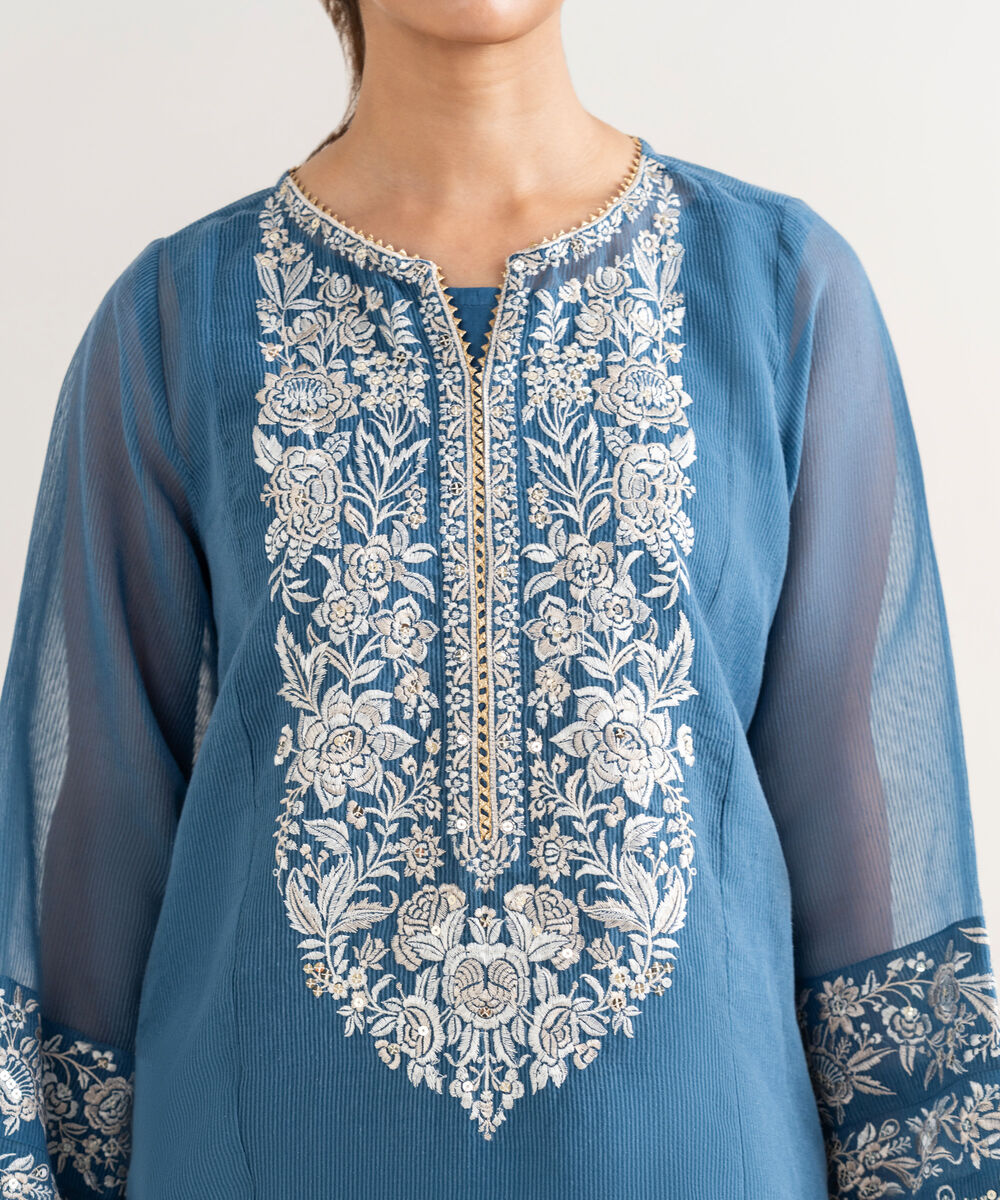 Women's RTW Blended Textured Karandi Embroidered Straight Blue Shirt