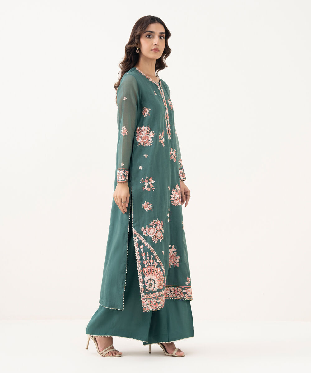 Women's RTW Blended Textured Karandi Embroidered A-Line Green Shirt