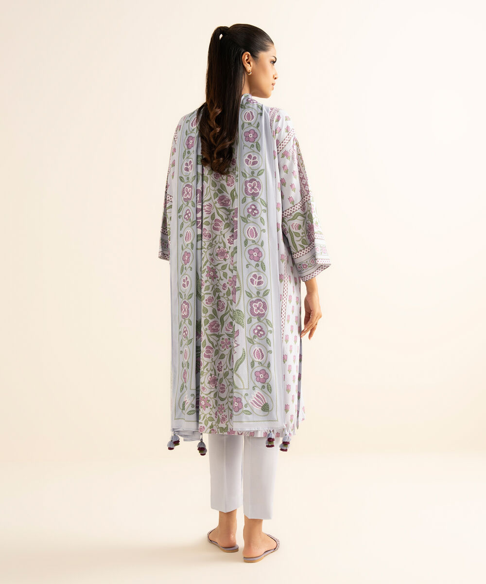 Women's Unstitched Linen Printed Blue 3 Piece Suit