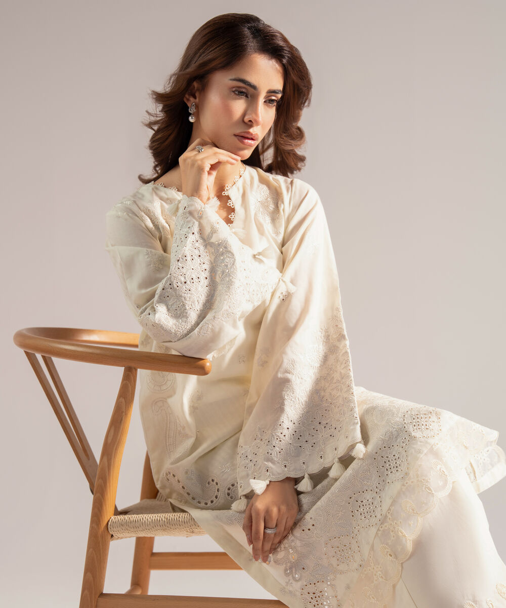 Women's RTW Textured Cotton Embroidered Off White 2 Piece Suit
