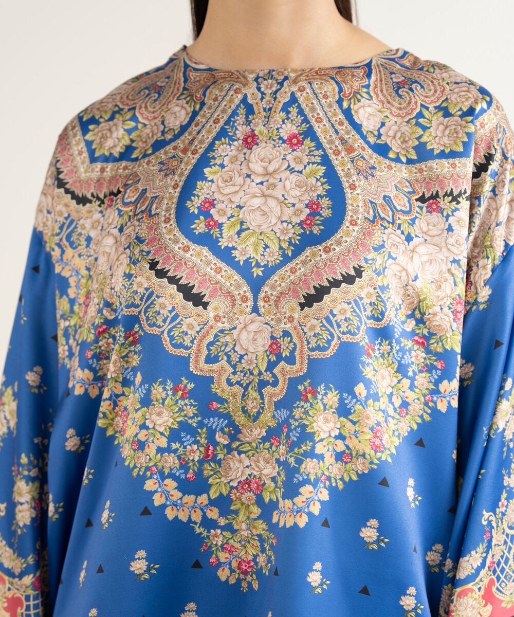 Women's RTW Blended Satin Printed Blue 2 Piece Suit