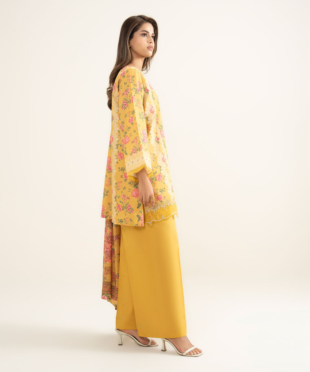 Women's Unstitched Lawn Embroidered Orange 3 Piece Suit