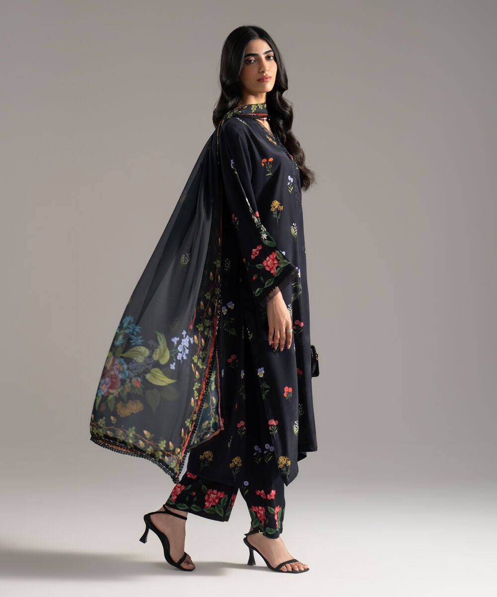 Women's RTW BEmbroiderederg Grip Printed Black 3 Piece Suit