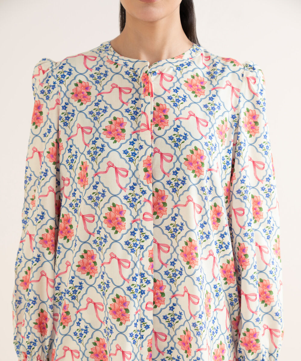 Women's RTW Linen Viscose Printed Off White Straight Shirt