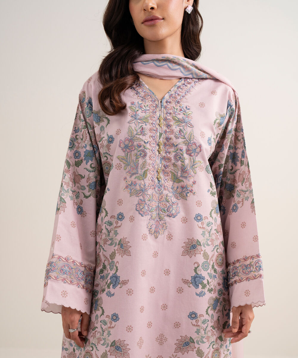 Women's Unstitched Lawn Embroidered Light Pink 3 Piece Suit