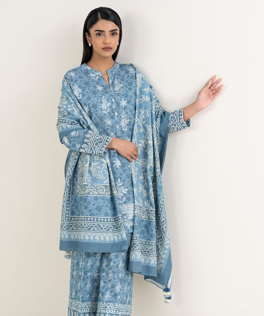 Women's Unstitched Printed Khaddar Blue 3 Piece Suit