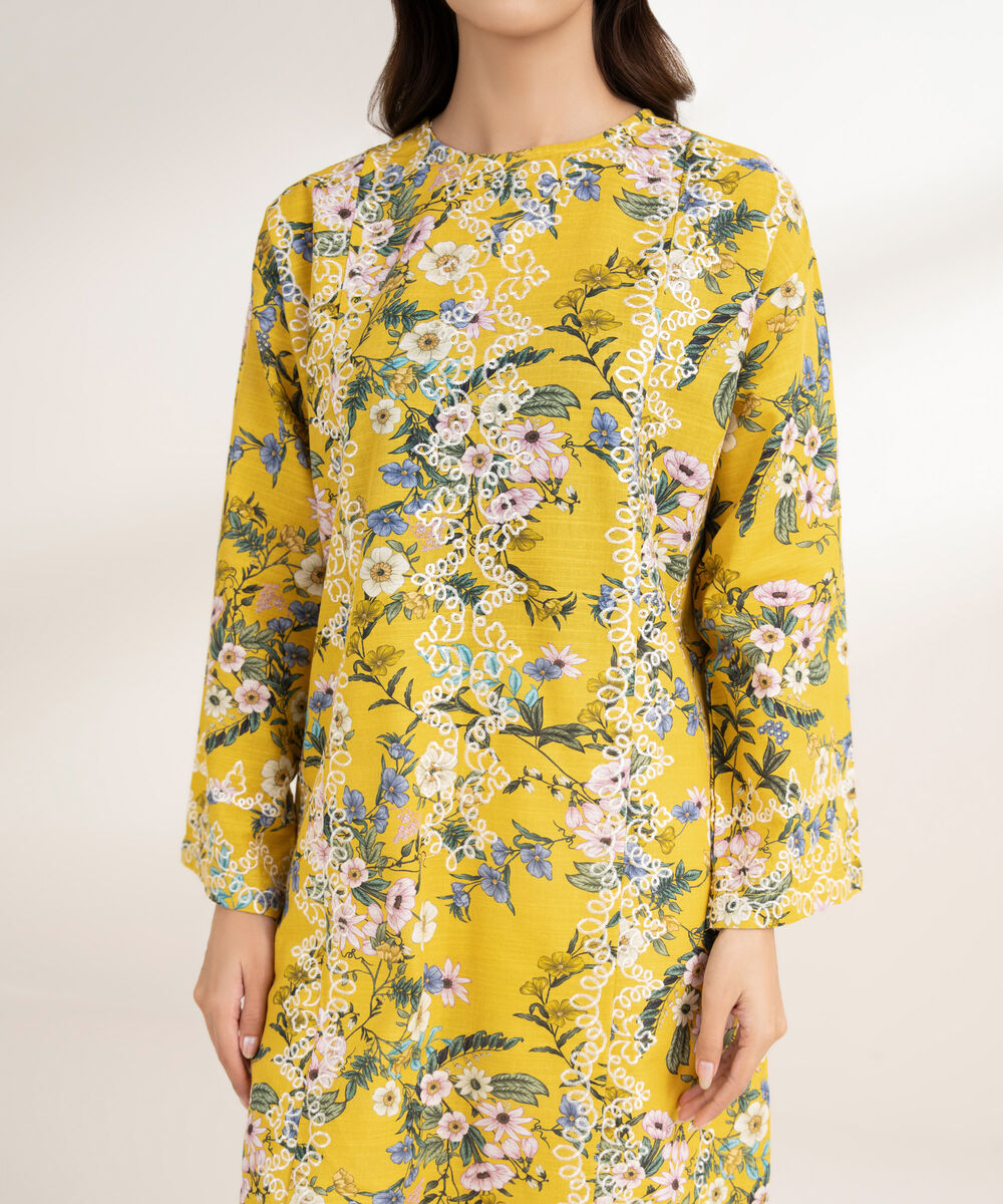 Women's RTW Khaddar Embroidered A-Line Yellow Shirt