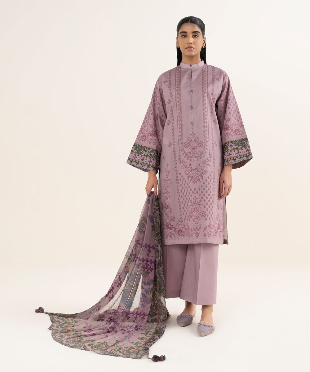 Women's Unstitched Lawn Printed Pink 3 Piece Suit