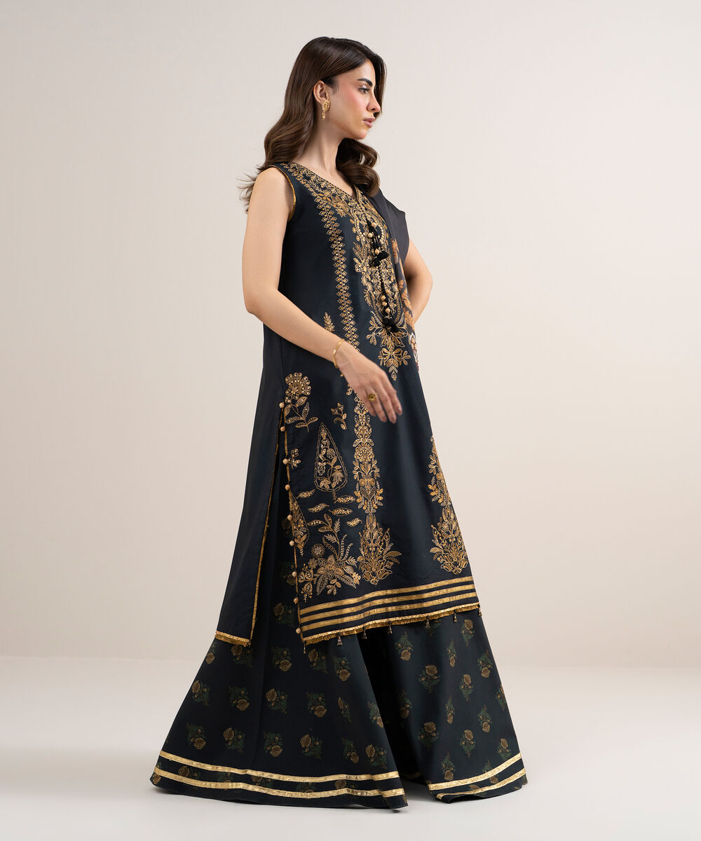 Women's Unstitched Dobby Embroidered Black 3 Piece Suit