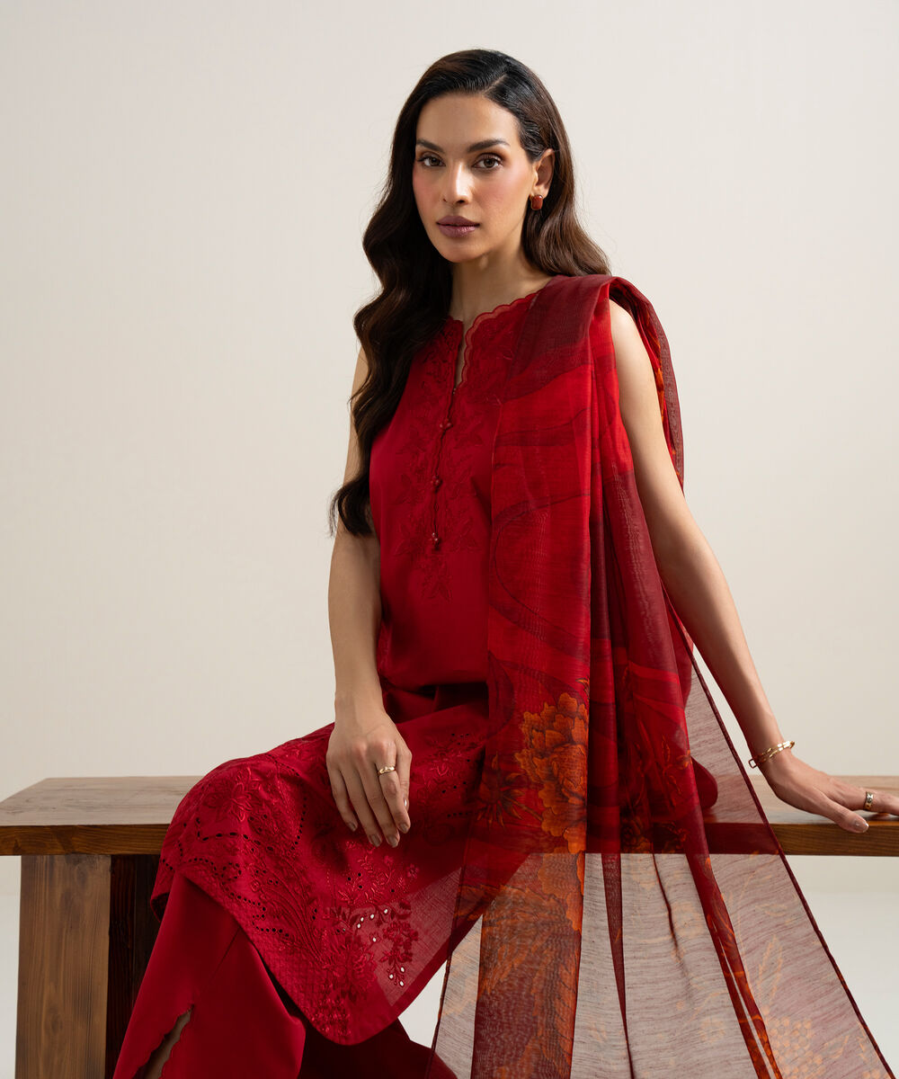 Women's Unstitched Slub Lawn Embroidered Red 3 Piece Suit