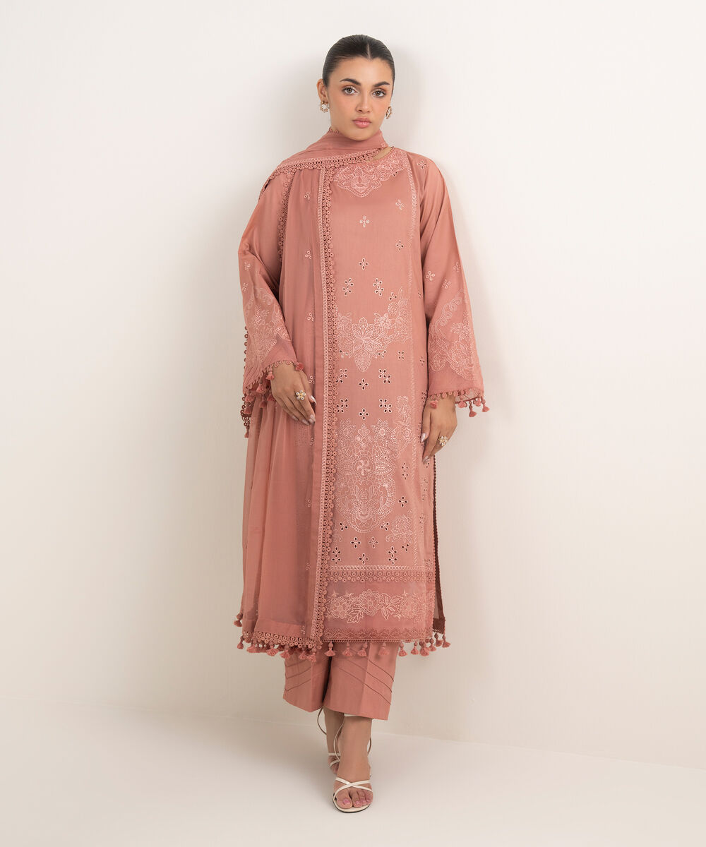 Women's Unstitched Lawn Embroidered Pink 3 Piece Suit