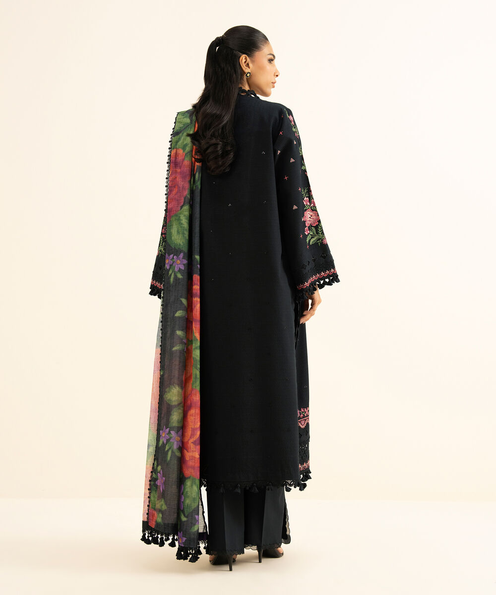 Women's Unstitched Dobby Embroidered BLACK 3 Piece Suit