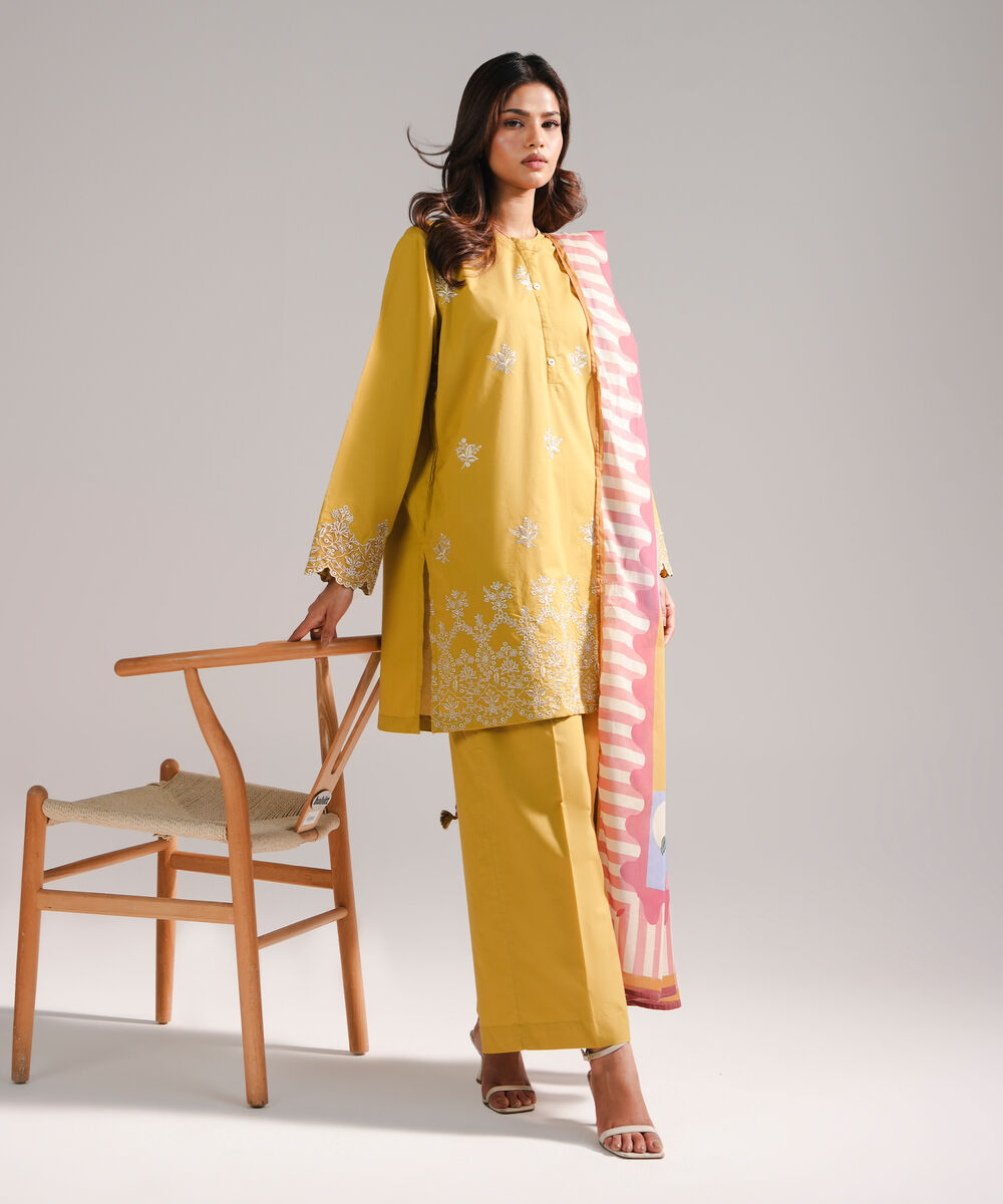Women's RTW Lawn Embroidered Yellow 3 Piece Suit