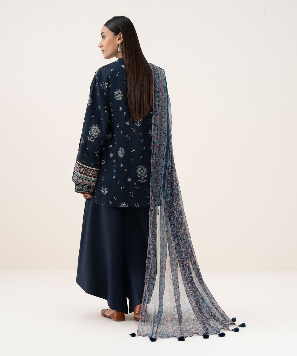 Women's Unstitched Light Linen Printed Blue 3 Piece Suit