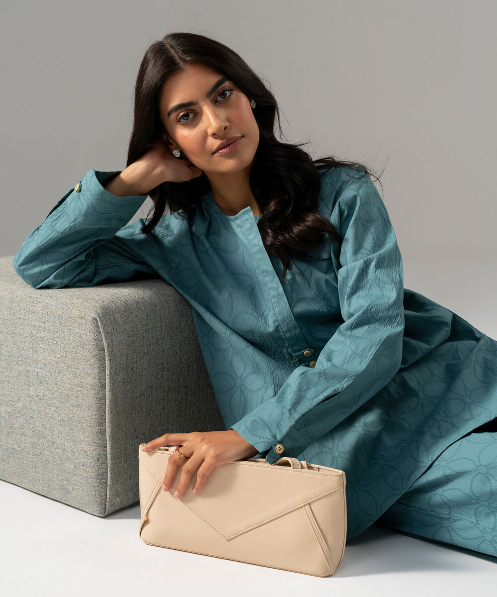 Women's RTW Textured Cotton Solid Blue 2 Piece Suit