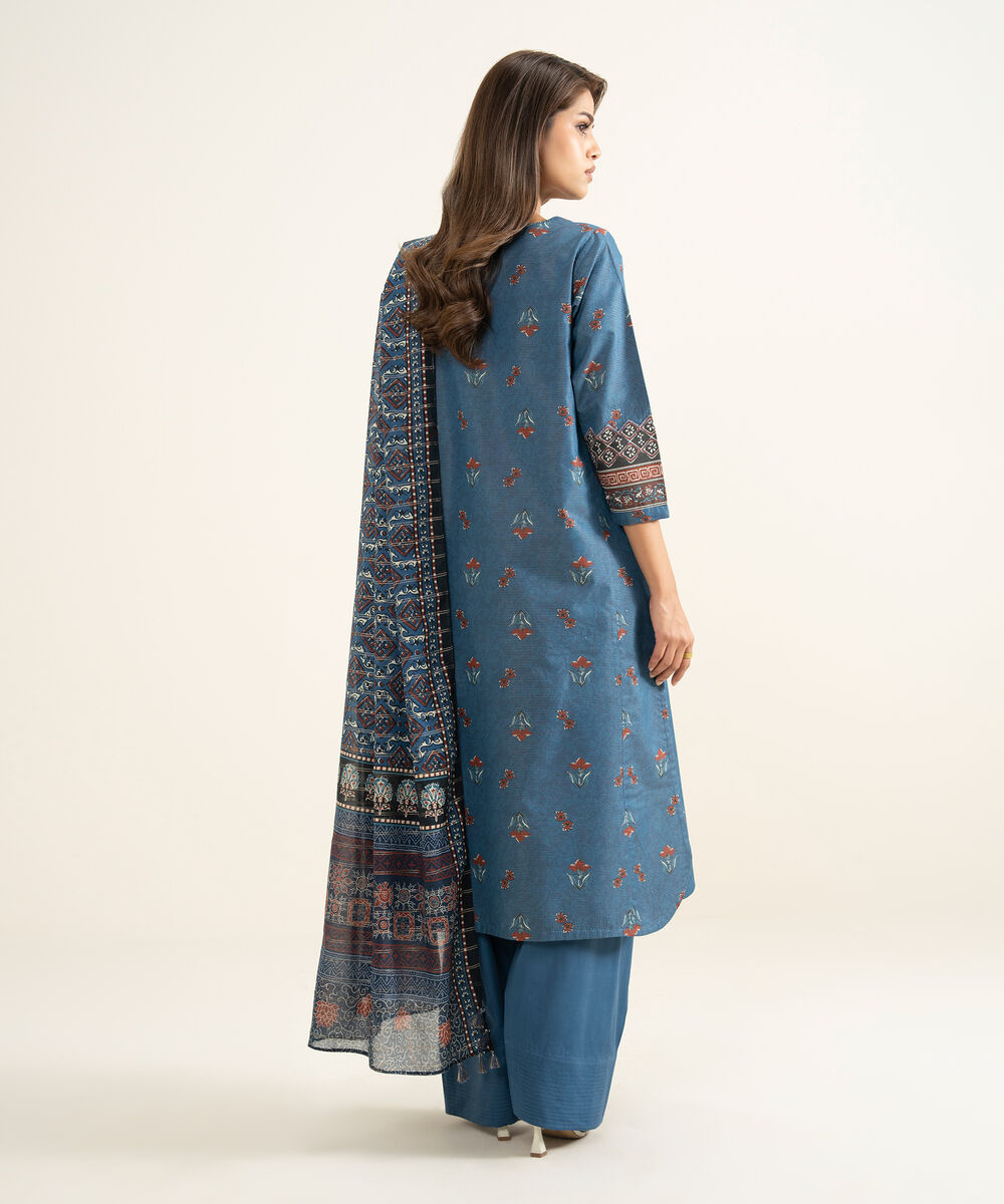 Women's Unstitched Zari Lawn Printed Blue 3 Piece Suit