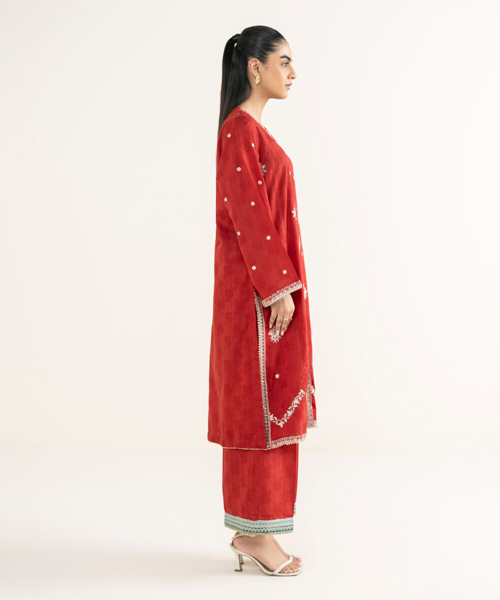 Women's RTW Self Jacquard Embroidered Red Straight Shirt