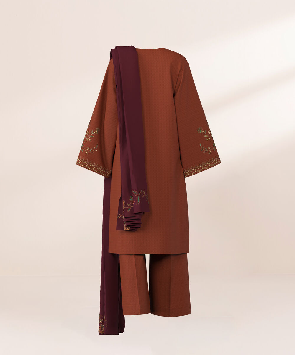 Women's Unstitched Dobby Embroidered Brown 3 Piece Suit