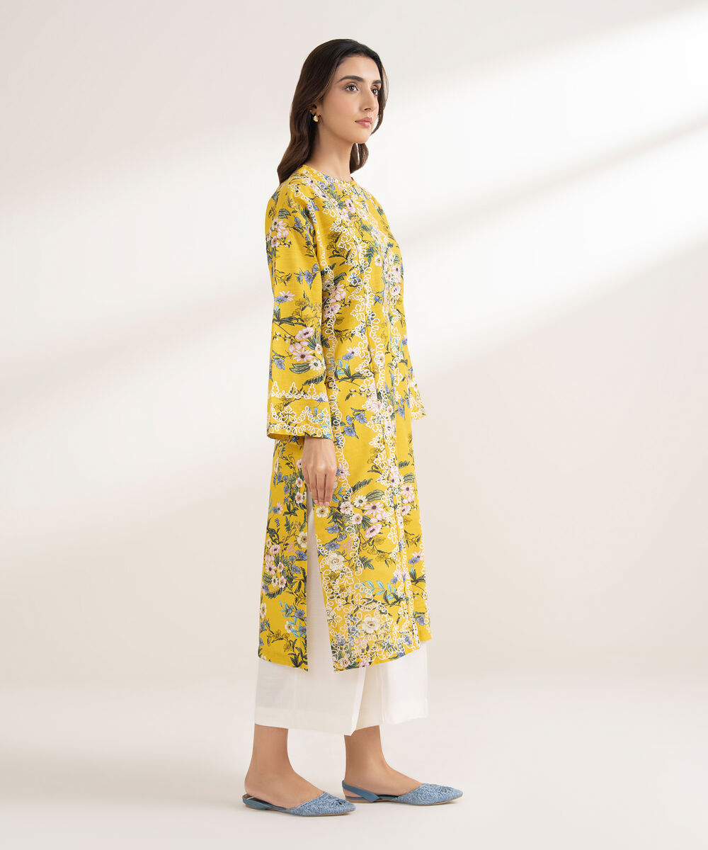 Women's RTW Khaddar Embroidered A-Line Yellow Shirt