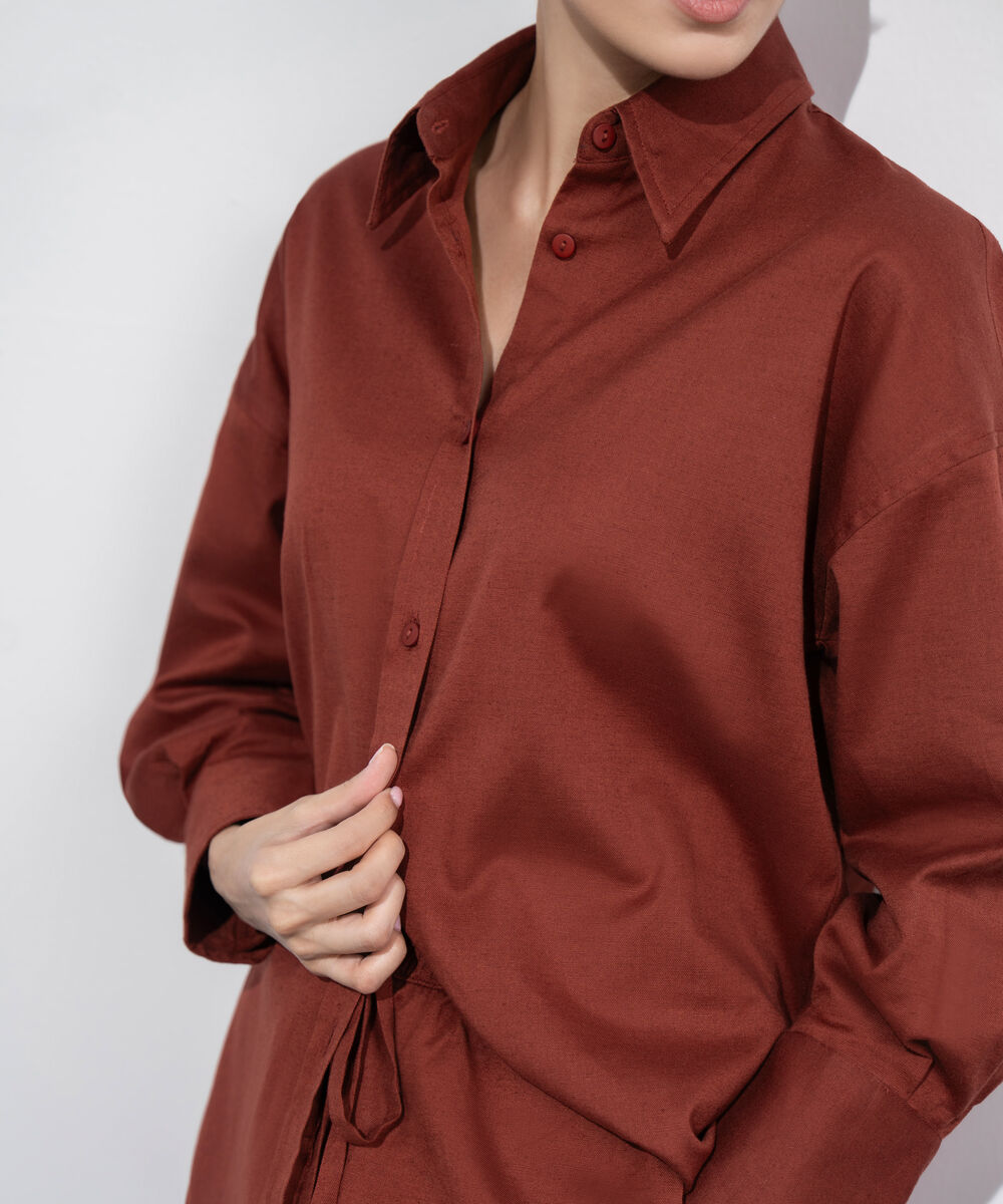 Women's Western Wear Maroon Loose Fit Linen Blend Shirt