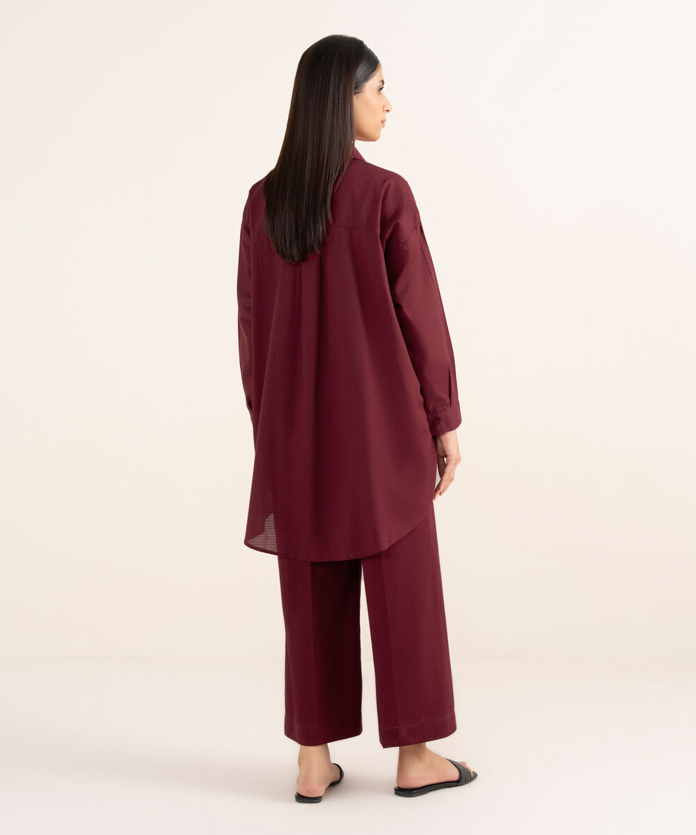Women's RTW Textured Lawn Maroon Solid Button Down Shirt