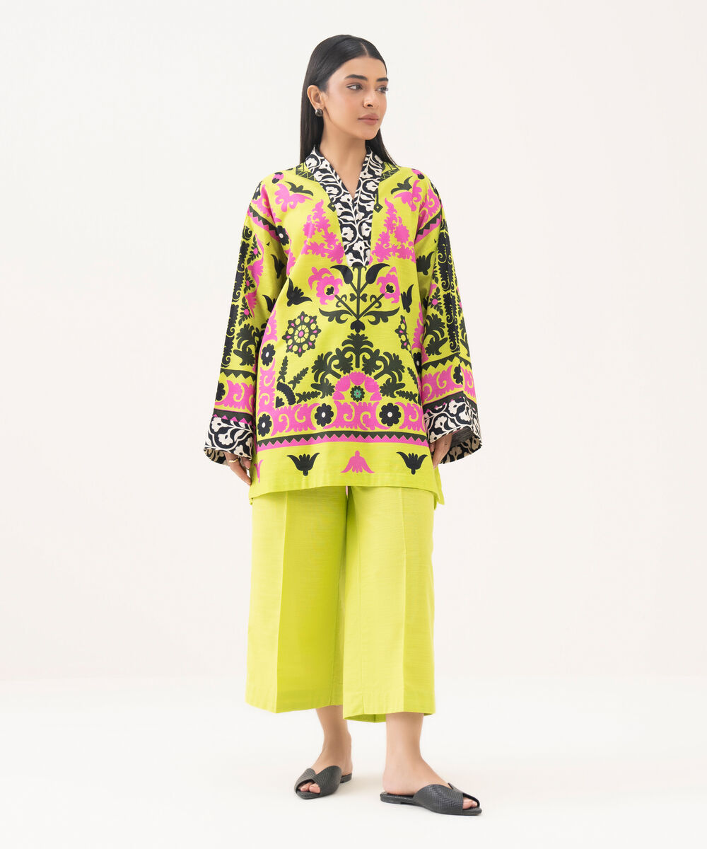 Women's RTW Light Khaddar Printed Green Boxy Shirt