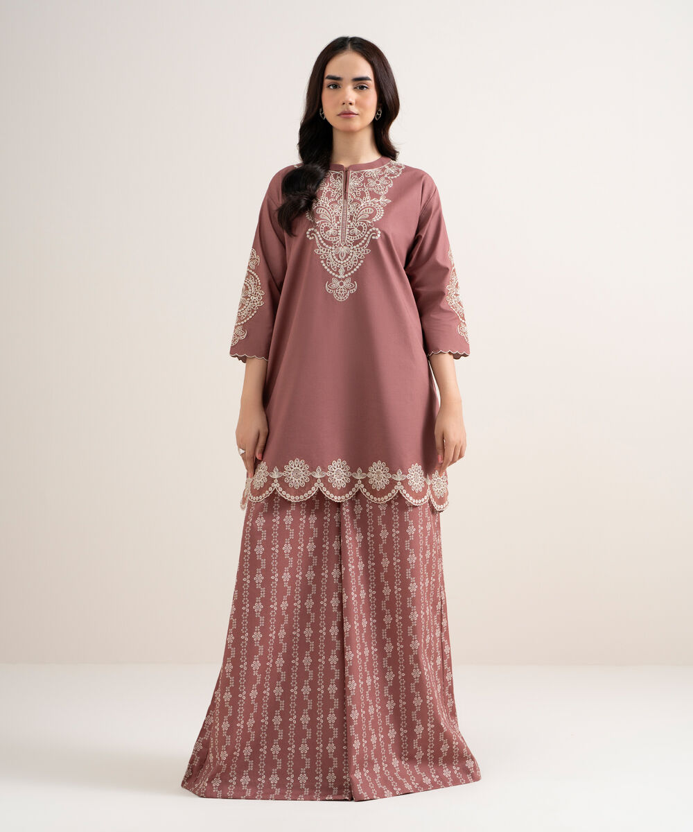 Women's Unstitched Cotton Embroidered Brown 2 Piece Suit