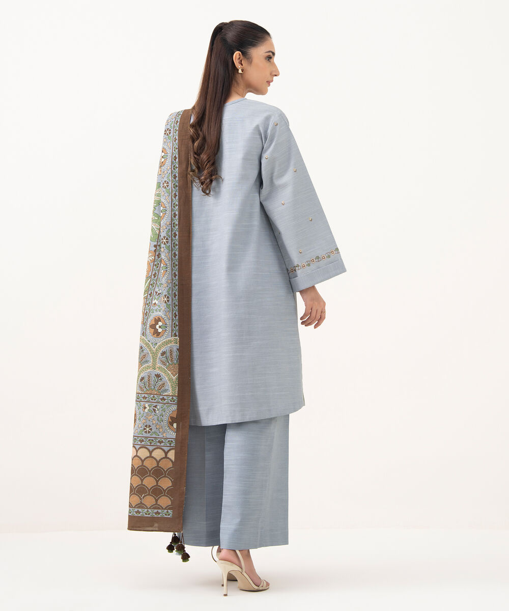 Women's Unstitched Khaddar Embroidered Blue 3 Piece Suit