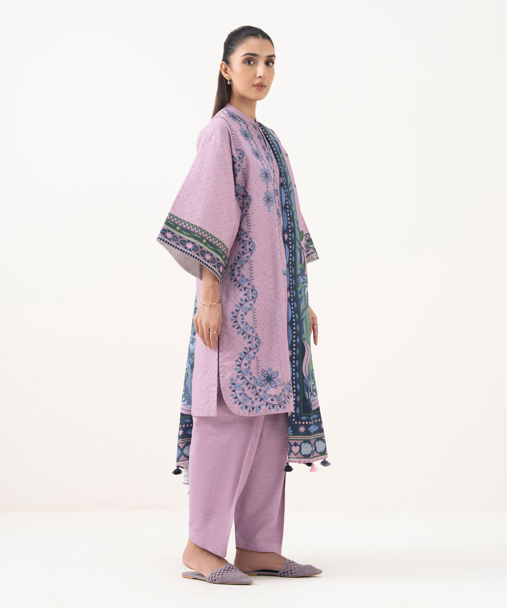 Women's Unstitched Light Khaddar Embroidered Purple 3 Piece Suit
