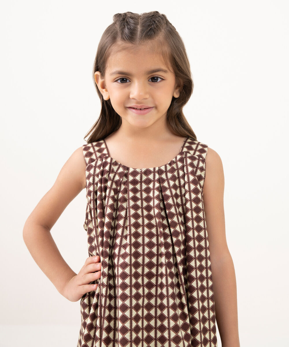 Girl's Light Khaddar Printed Brown A-Line Shirt