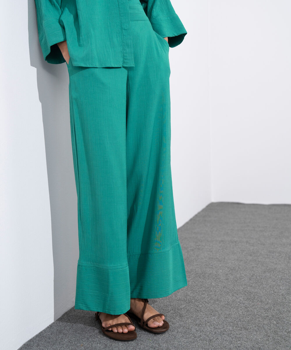 Women's Western Wear Green Wide-Leg Textured Trousers