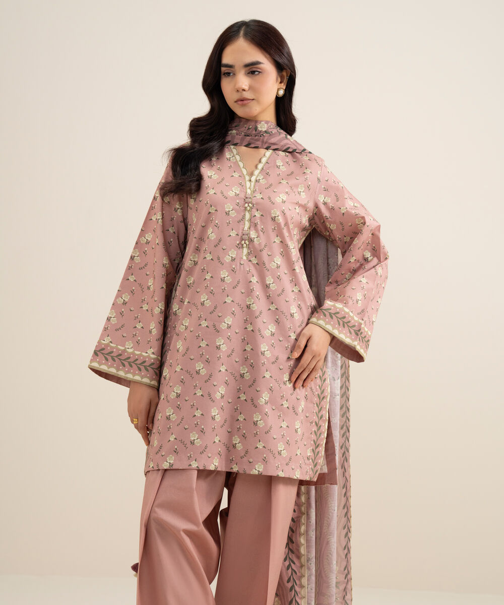Women's Unstitched Lawn Printed Tea Pink 3 Piece Suit