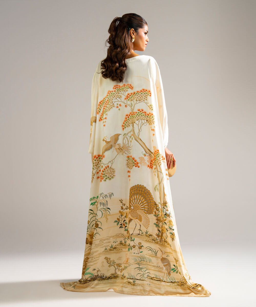 Women's RTW Blended Satin Printed Pale Yellow Kaftan