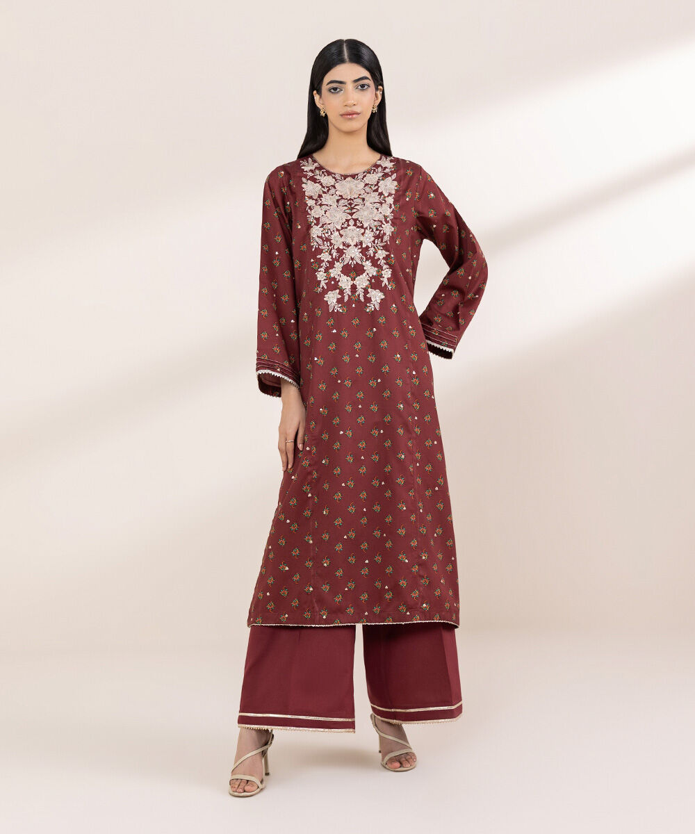 Women's RTW Cotton Satin Red Embroidered A-Line Shirt