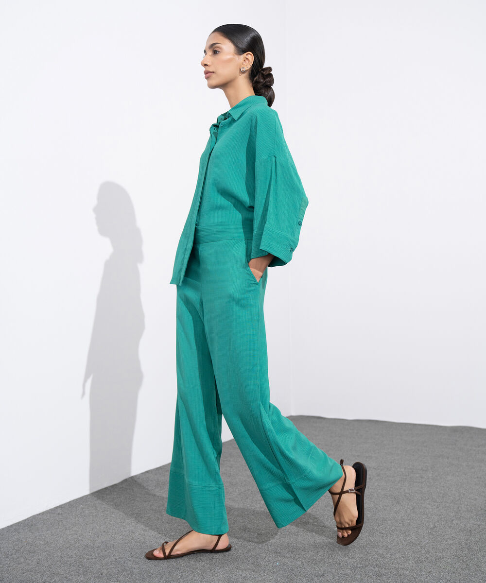Women's Western Wear Green Wide-Leg Textured Trousers