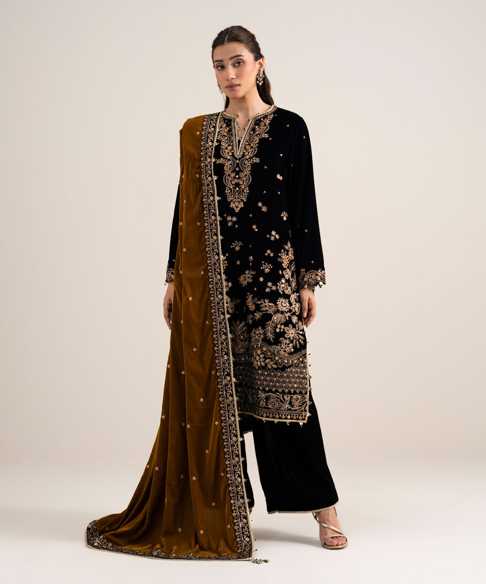 Women's Unstitched Embroidered Velvet Black 3 Piece Suit
