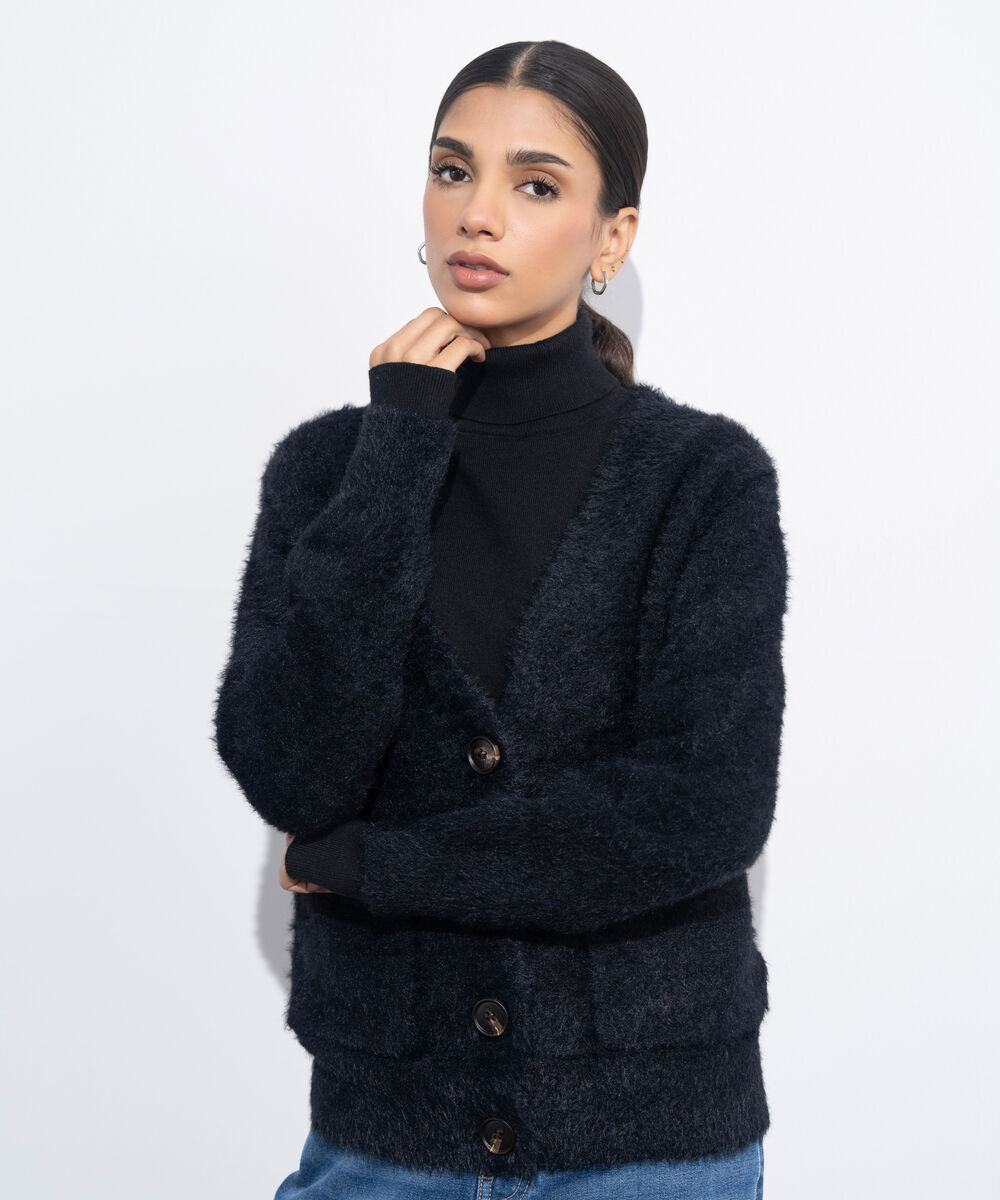 Women's Western Wear Black Fuzzy Knit Cardigan