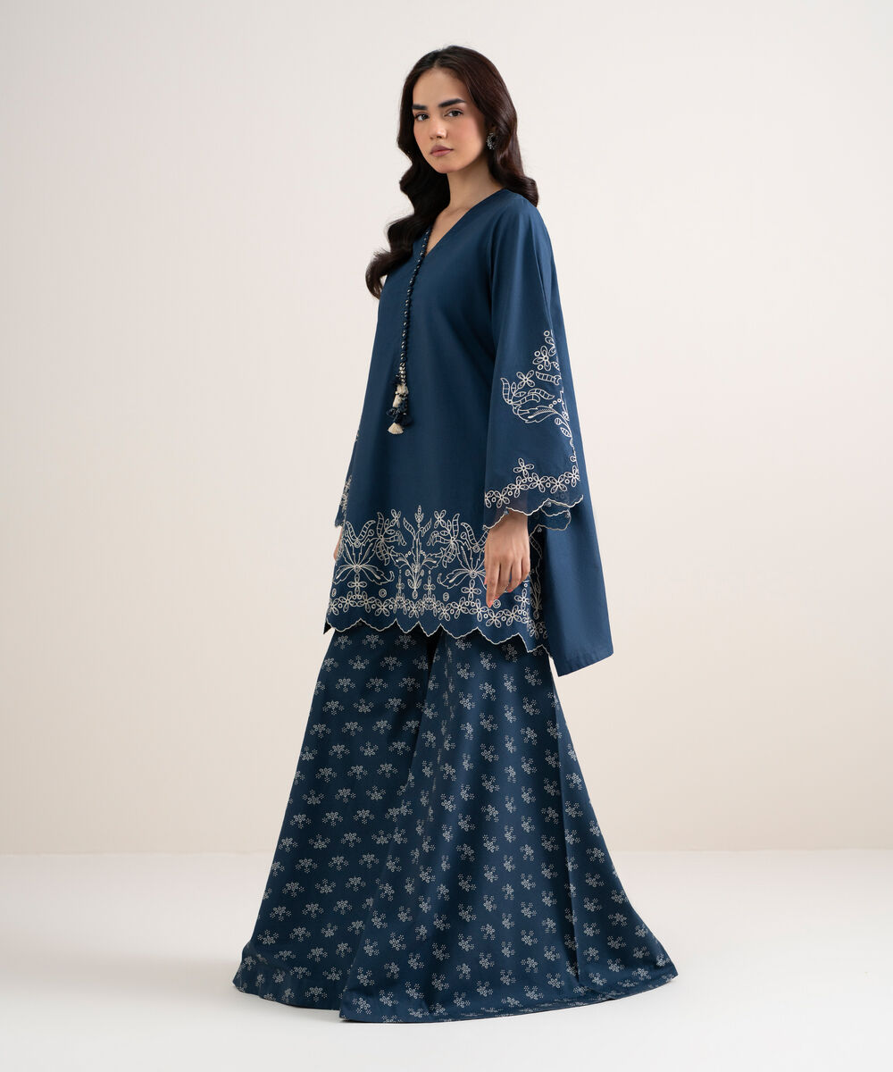 Women's Unstitched Cotton Embroidered Blue 2 Piece Suit