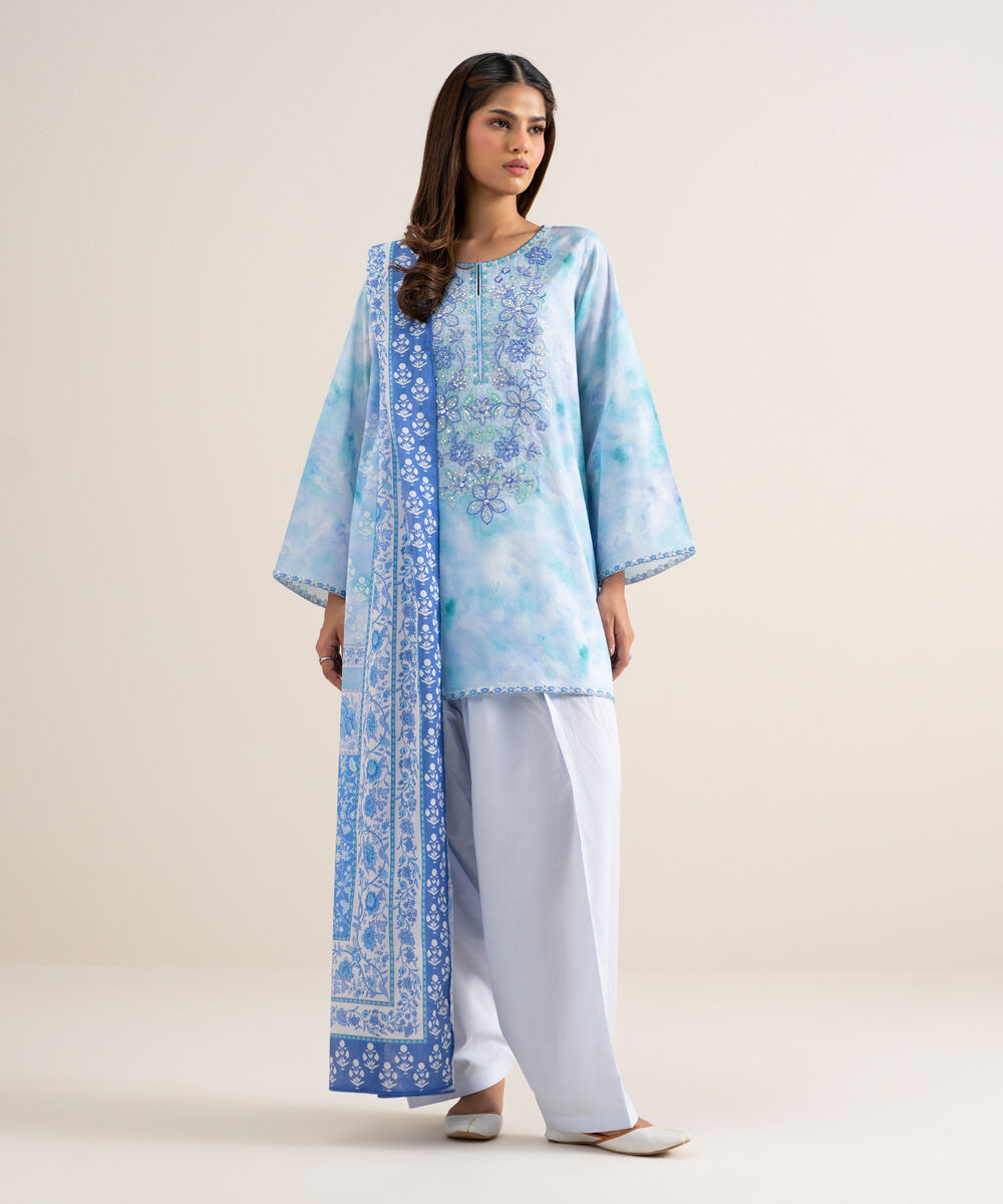 Women's Unstitched Lawn Embroidered Blue 3 Piece Suit